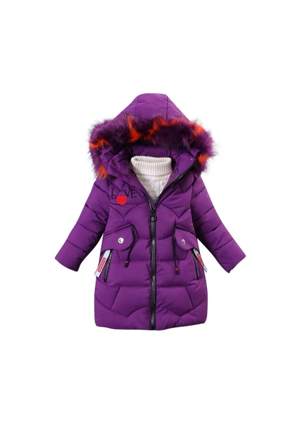 Kids Girls Winter Down Jacket Thermal Puffer Coat Children's Hooded Cotton Down Coat Thick Warmth Outerwear Kids Clothes Purple