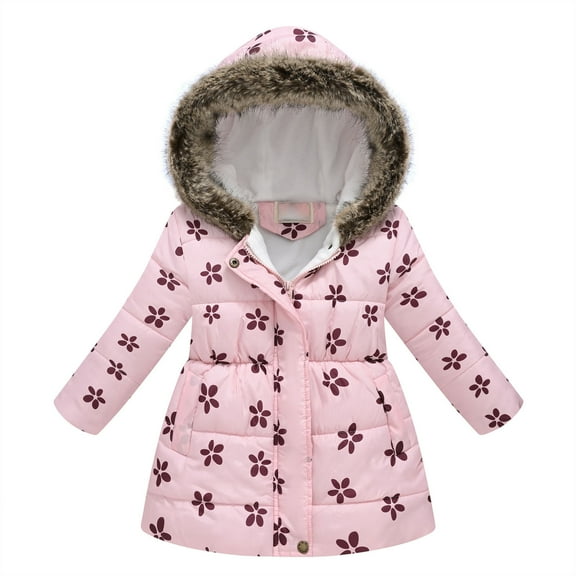 Odeerbi Kids Girls Winter Parka Padded Coat Toddler Baby Floral Print Jacket Kids Hoodies Parkas Winter Thick Warm Windproof Coat Outwear Pink 8-9 Years