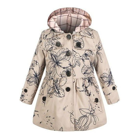Odeerbi Kids Girls Winter Trench Coat Floral Thermal Puffer Jacket Fashion Coat with Detachable Hat Thickened Floral Print Cotton Jacket Kids Clothes Khaki