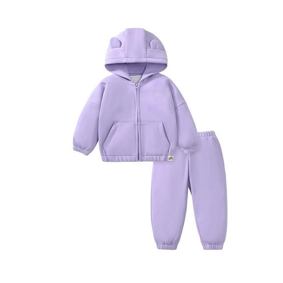 Odeerbi Kids Girls Winter Warm Fleece Sweatsuits Two Piece Outfits Set Children Long Sleeve Hoodies Jogger Pants Set Solid Color Tracksuit Purple