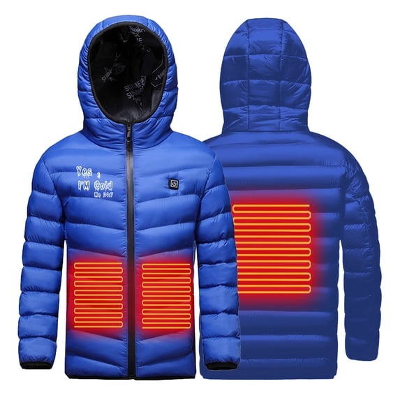 Odeerbi Kids Heated Hooded Jacket with 3 Heating Zones Winter Heated Padded Coat English Print USB Windproof Heating Jacket Children Plus Size Heating Coat Blue