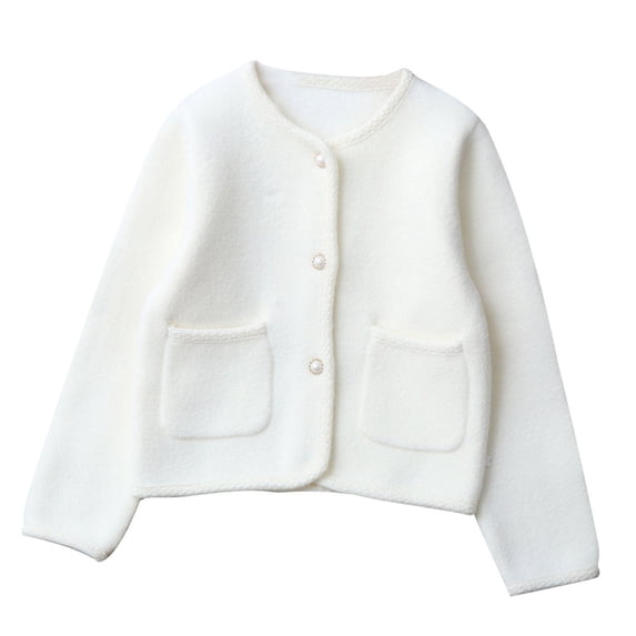 Odeerbi Kids Knit Cardigan Sweater Girls Solid Color Long Sleeve Pearl Button Warm Knitwear with Pockets for Fall Winter
