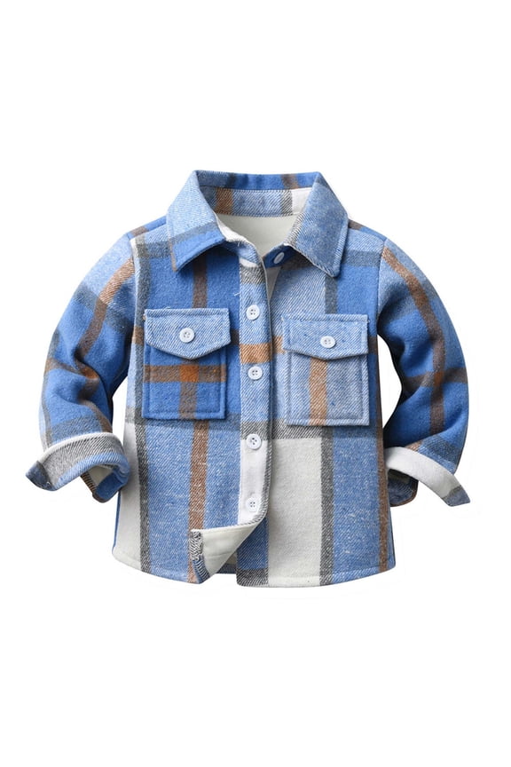 Kids Plaid Jackets Plush Thicken Toddler Flannel Plaid Shirt Long Sleeve Lapel Button Down Shacket Boys Girls Coats Fall Tops Blue