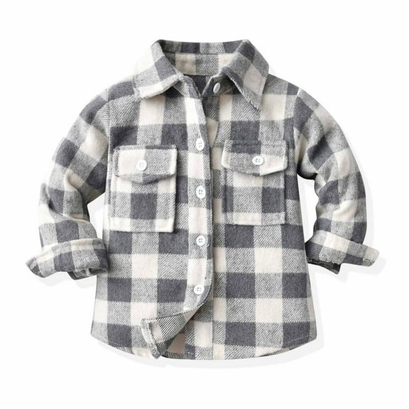 Odeerbi Kids Plaid Jackets Toddler Flannel Plaid Shirt 2025 Long Sleeve Lapel Button Down Shacket Boys Girls Coats Fall Tops Gray