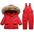 thumbnail image 1 of Odeerbi Kids Snowsuit Down Jacket Winter Baby Boys Girls Polka Dot Printing Thickened Jacket Strap Pants Two-piece Suit Red, 1 of 5