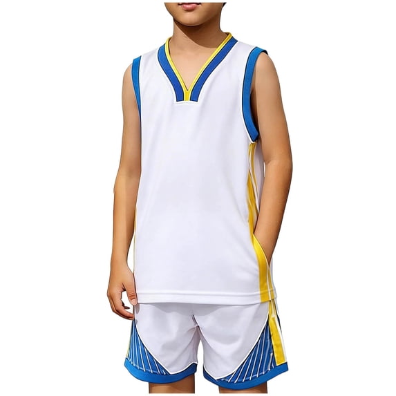 Odeerbi Kids Teen Boys Girls Quick Dry Basketball Uniform Set Color Block V-Neck Tank Tops Shorts Sportswear Athletic Sets for 4-14 Years