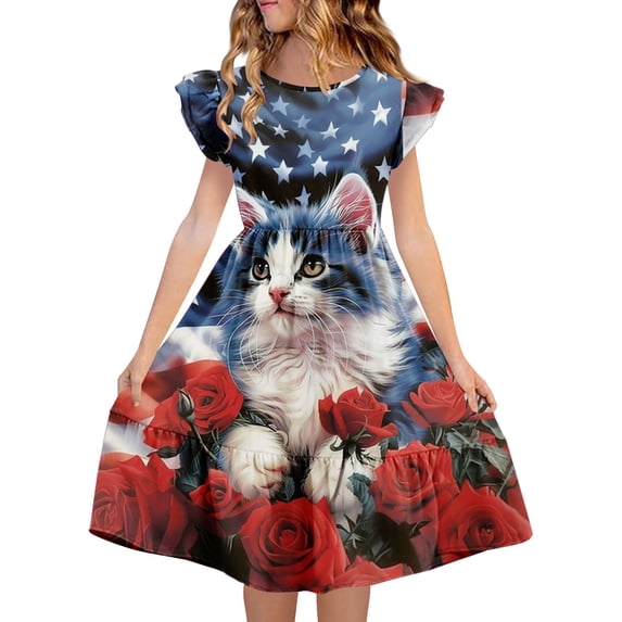 Odeerbi Kids Teen Girls Independence Day A-Line Ruffled Dress Summer Patriotic Star Stripe Round Neck Casual Dress with Pockets