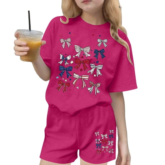 Odeerbi Kids Teen Girls Independence Day Outfit Patriotic Print Short Sleeve T-Shirt with Shorts 2-Piece Set