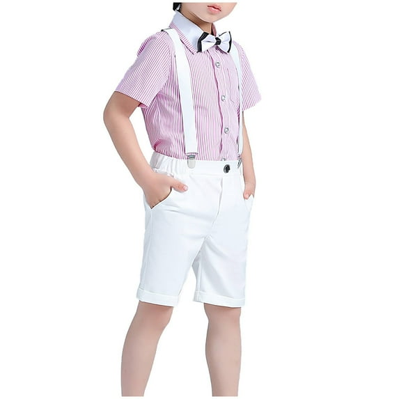 Odeerbi Kids Two-piece Set Toddler Boys Formal Suit Gentleman School Uniform Suit Baby Clothes Solid Color Overalls Baby 2025 Fashion Short Sleeve Tie Shirt Pink