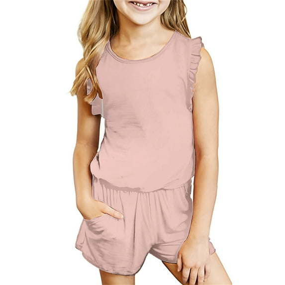 Odeerbi Kids Two-piece Set Toddler Girls Summer Outfits Tank Tops Solid Color Comfortable Cotton T-shirt Sleeveless Top Shorts Set Pink