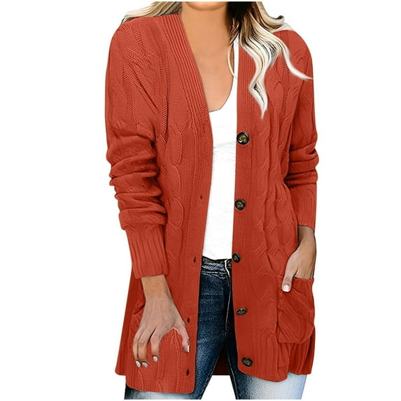 Odeerbi Knit Long Cardigan Sweaters For Women Winter Solid Color Sweaters Open Front Chunky Sweaters With Pocket Long Sleeve Button Outerwear Coats Outfits Orange