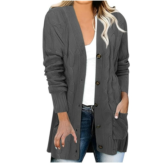 Odeerbi Knit Long Cardigan Sweaters For Women Winter Solid Color Sweaters Open Front Chunky Sweaters With Pocket Long Sleeve Button Outerwear Coats Outfits Dark Gray