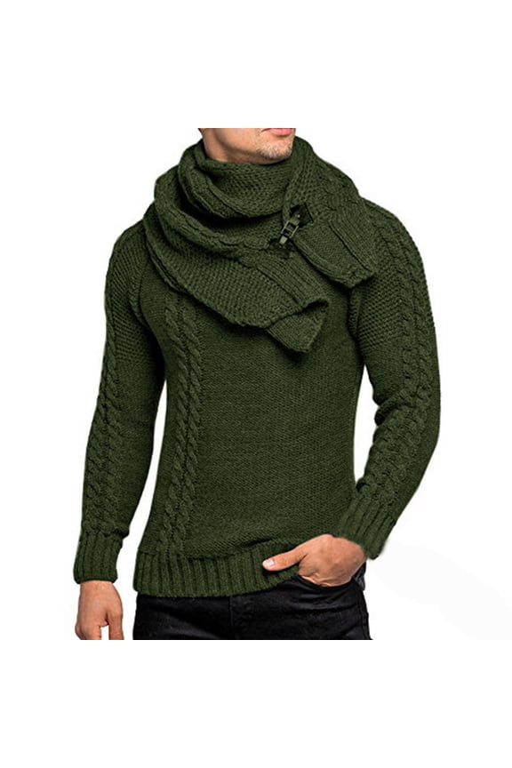 Knit Turtleneck Sweater For Men Winter Solid Color Cowl Neck Sweater Shawl Collar Pullover Sweater Casual Slim Button Textured Sweaters Olive Green