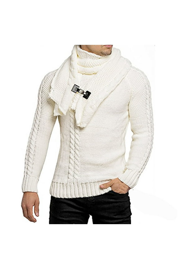 Knit Turtleneck Sweater For Men Winter Solid Color Cowl Neck Sweater Shawl Collar Pullover Sweater 2025 Casual Slim Button Textured Sweaters White