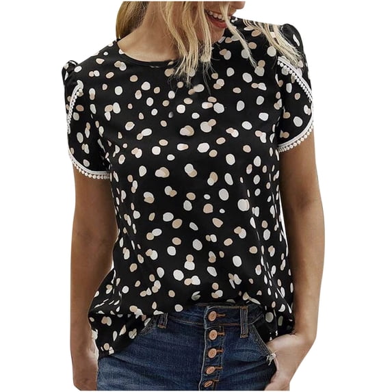 Odeerbi Lace Crochet Tops for Women Floral Blouses Fashion Casual Sleeve Short Sleeve Round Neck Printed Tops Black