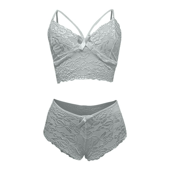Odeerbi Lace Lingerie for Women 2025 Fashion Sexy Corset Floral Bralette Bra Two Piece Underwear Tops with Briefs Suit Gray
