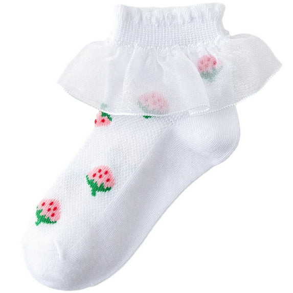 Odeerbi Lace Ruffle Socks for Toddler Girls Cute Soft Cotton Crew Socks Summer Lace Mesh Strawberry Print Princess Socks