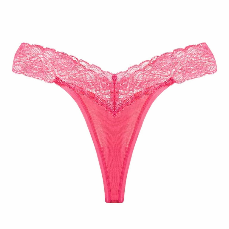 Microfiber and Wide Lace Band Thong Panty - Shocking Pink