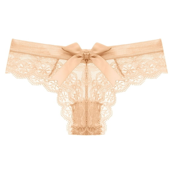 Odeerbi Lace Thong Underwear for Women 2025 Fashion Sexy Flower Transparent Gauze Bow Low Waist Panties Beige