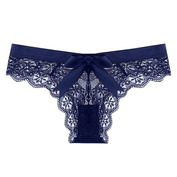Odeerbi Lace Thong Underwear for Women 2025 Fashion Sexy Flower Transparent Gauze Bow Low Waist Panties Blue