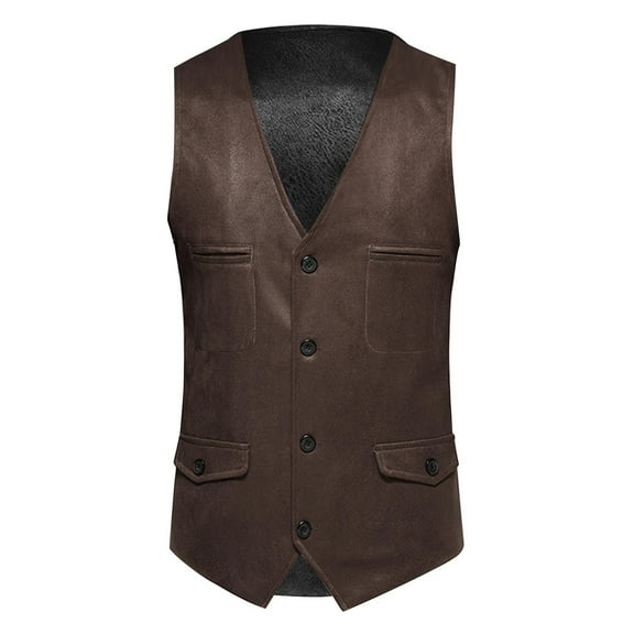 Odeerbi Leather Vest for Men Solid 2025 Fashion Vest with Pockets Single Breasted Stage Tops Blouse Coffee