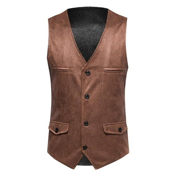 Odeerbi Leather Vest for Men Solid Fashion Vest with Pockets Single Breasted Stage Tops Blouse Khaki