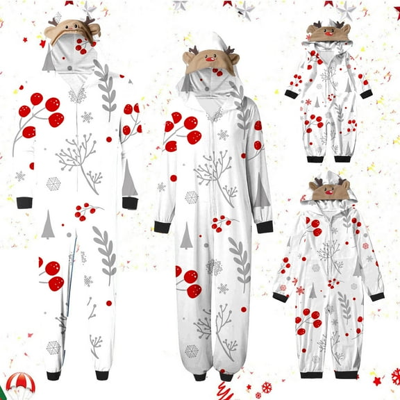 Odeerbi Matching Family Christmas Pajamas Sets Hooded Onesie Sleepwear Womens Cute Xmas Leaf Snow Print Plush Jumpsuit 2025 Long Sleeve Parent-Child Loungewear Sleepwear Jammies for Mom
