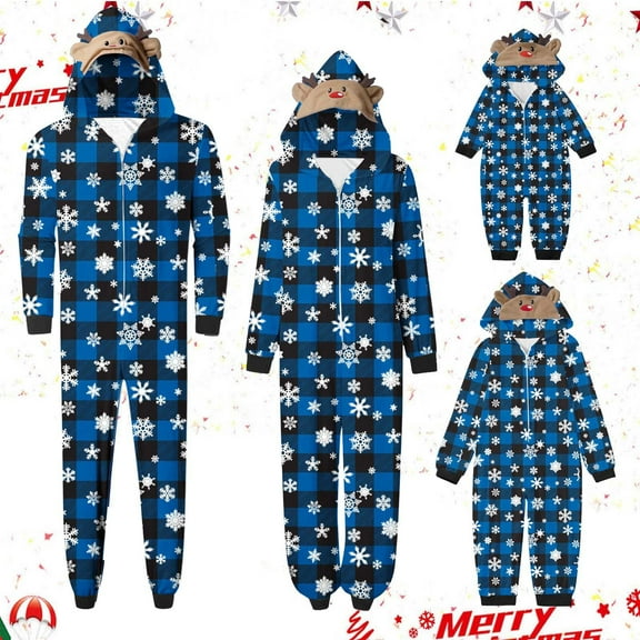 Odeerbi Matching Family Christmas Pajamas Sets Hooded Sleepwear Parent-Child Xmas Set Printed Home Wear Womens Jumpsuit Loungewear Sleepwear Jammies for Mom
