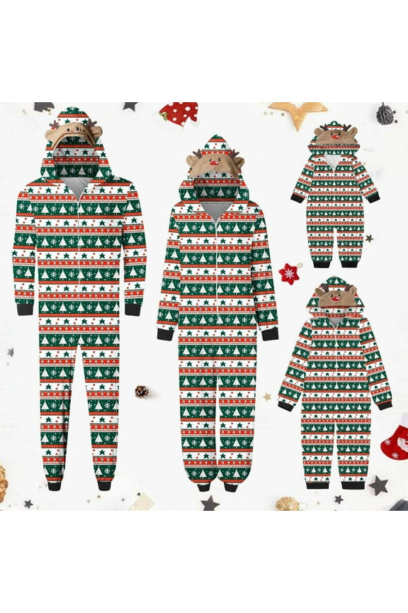 Matching Family Christmas Pajamas Sets Parent-Child Warm Hooded Jumpsuit Halloween Printed Home Wear Jammies Set Loungewear Sleepwear for Kids