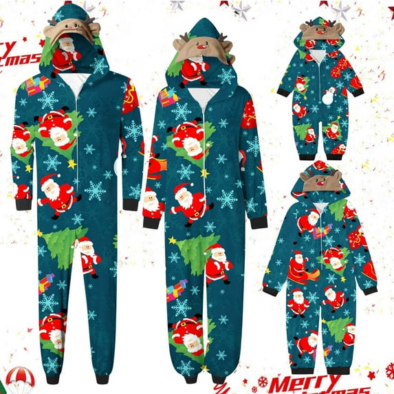Odeerbi Matching Family Christmas Pajamas Sets Parent-Child Warm Hooded Jumpsuit Halloween Printed Home Wear Jammies Set Loungewear Sleepwear for Kids