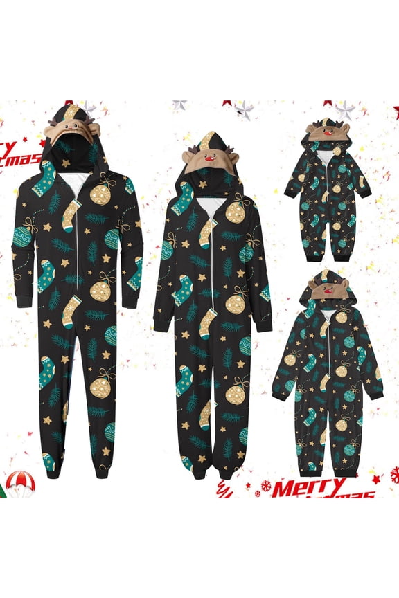Matching Family Christmas Pajamas Sets Parent-Child Warm Hooded Jumpsuit Set Xmas Printed Home Wear Loungewear Sleepwear Jammies for Dad
