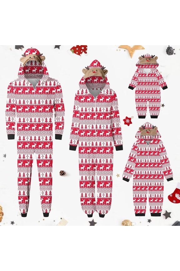 Matching Family Christmas Pajamas Sets Parent-Child Warm Hooded Jumpsuit Set Xmas Printed Home Wear Loungewear Sleepwear Jammies for Dad