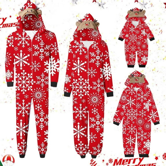 Odeerbi Matching Family Christmas Pajamas Sets Parent-Child Warm Hooded Jumpsuit Set Xmas Printed Home Wear Loungewear Sleepwear Jammies for Dad