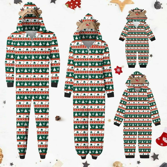 Odeerbi Matching Family Christmas Pajamas Sets Parent-Child Warm Hooded Jumpsuit Set Xmas Printed Home Wear Loungewear Sleepwear Jammies for Dad