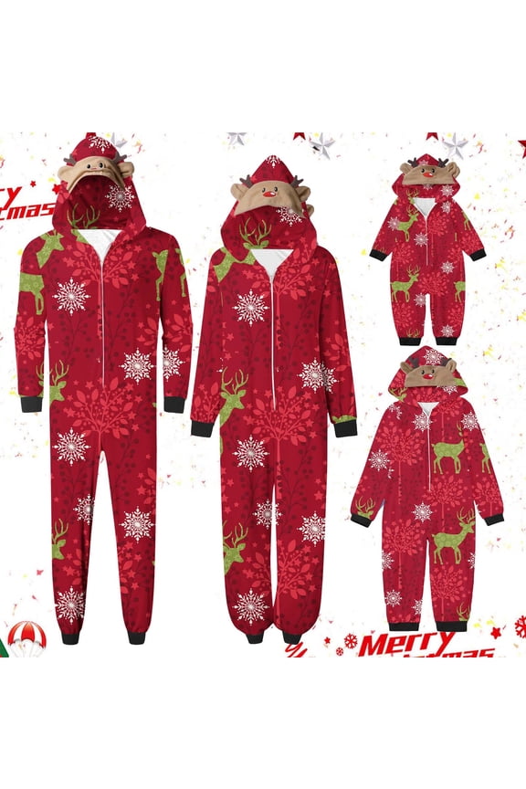 Matching Family Christmas Pajamas Sets Parent-Child Warm Hooded Jumpsuit Set Xmas Printed Home Wear Loungewear Sleepwear Jammies for Dad