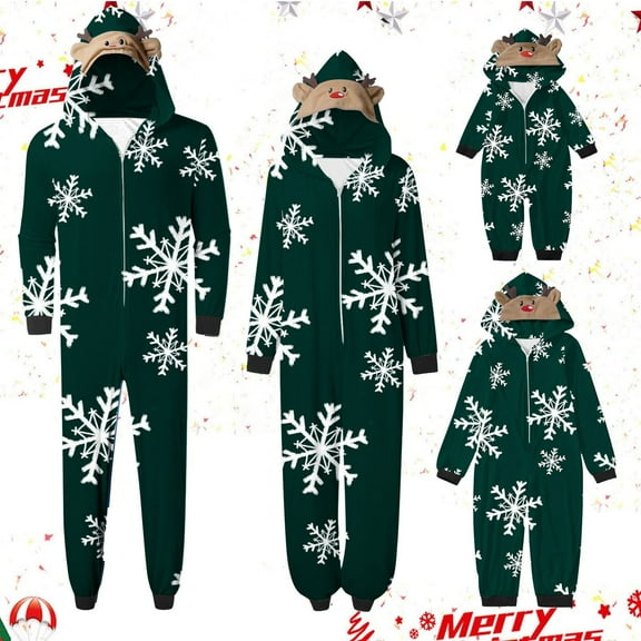 Odeerbi Matching Family Christmas Pajamas Sets Parent-Child Warm Hooded Jumpsuit Set Xmas Printed Home Wear Loungewear Sleepwear Jammies for Dad