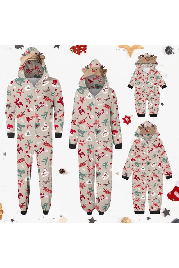 Matching Family Christmas Pajamas Sets Parent-Child Warm Hooded Jumpsuit Set Xmas Printed Home Wear Loungewear Sleepwear Jammies for Dad