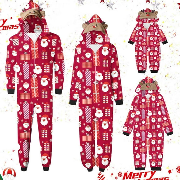 Odeerbi Matching Family Christmas Pajamas Sets Parent-Child Warm Hooded Jumpsuit Set Xmas Printed Home Wear Loungewear Sleepwear Jammies for Dad