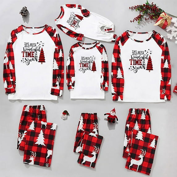 Odeerbi Matching Family Christmas Pajamas Sets Parent-Child Xmas Jammies Set Printed Warm Home Wear Two-piece Set Loungewear Sleepwear for Mom