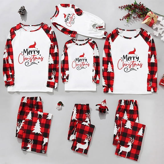 Odeerbi Matching Family Christmas Pajamas Sets Parent-Child Xmas Jammies Set Printed Warm Home Wear Two-piece Set Loungewear Sleepwear for Mom