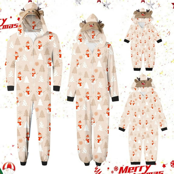 Odeerbi Matching Family Christmas Pajamas Sets Parent-Child Xmas Warm Hooded Jumpsuit Printed Home Wear Set Loungewear Sleepwear Jammies for Mom