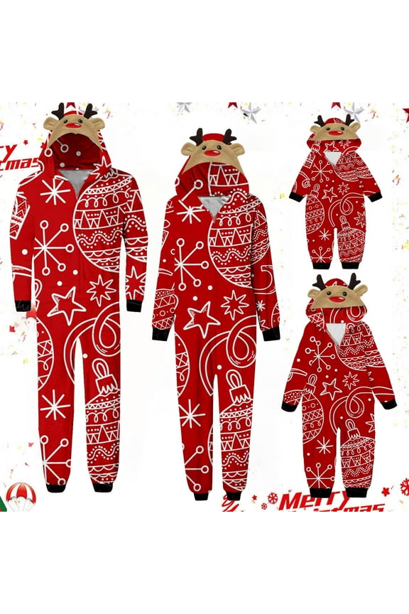 Matching Family Christmas Pajamas Sets Parent-Child Xmas Warm Hooded Jumpsuit Printed Home Wear Set Loungewear Sleepwear Jammies for Mom