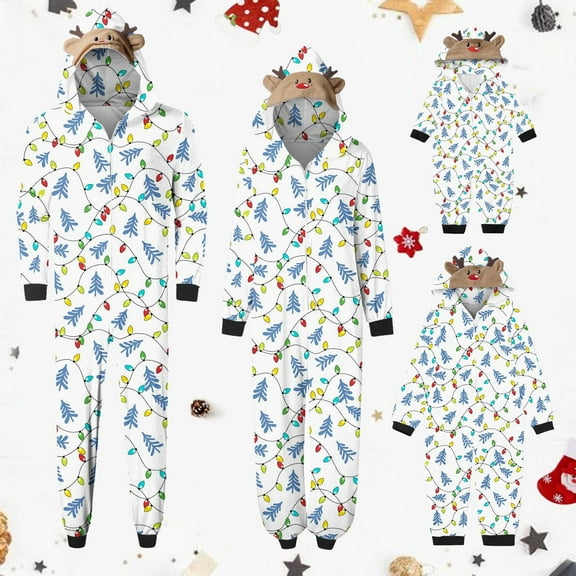 Odeerbi Matching Family Christmas Pajamas Sets Parent-Child Xmas Warm Hooded Jumpsuit Printed Home Wear Set Loungewear Sleepwear Jammies for Mom