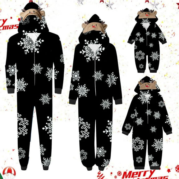 Odeerbi Matching Family Christmas Pajamas Sets Parent-Child Xmas Warm Hooded Jumpsuit Printed Home Wear Set Loungewear Sleepwear Jammies for Mom