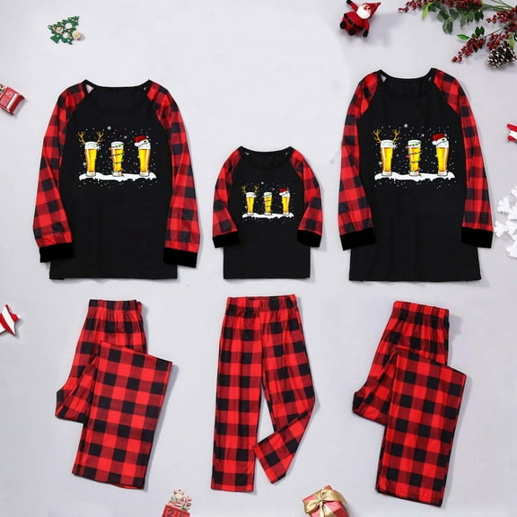 Odeerbi Matching Family Christmas Pajamas Sets Plaid Sleepwear Mens Xmas Printed Loungewear Tops and Pants Family Matching Jammies Set for Dad