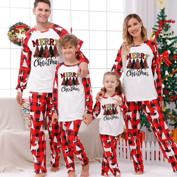 Odeerbi Matching Family Christmas Pajamas Sets Plaid Sleepwear Parent-Child Xmas Patchwork Plaid Printed Homewear Suits Round Neck 2025 Long Sleeve Two-piece Jammies Sets Loungewear for Kids
