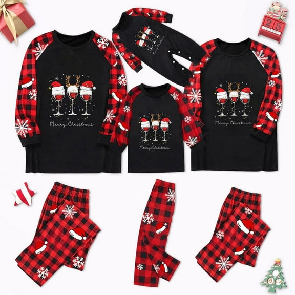 Odeerbi Matching Family Christmas Pajamas Sets Plaid Sleepwear Parent-Child Xmas Patchwork Plaid Printed Homewear Suits Round Neck 2025 Long Sleeve Two-piece Jammies Sets Loungewear for Mom