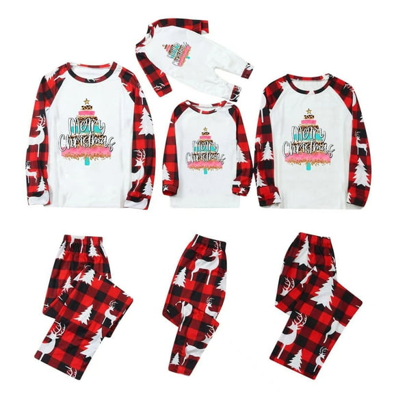 Odeerbi Matching Family Christmas Pajamas Sets Plaid Sleepwear Parent-Child Xmas Patchwork Plaid Printed Homewear Suits Round Neck 2025 Long Sleeve Two-piece Jammies Sets Loungewear for Kids