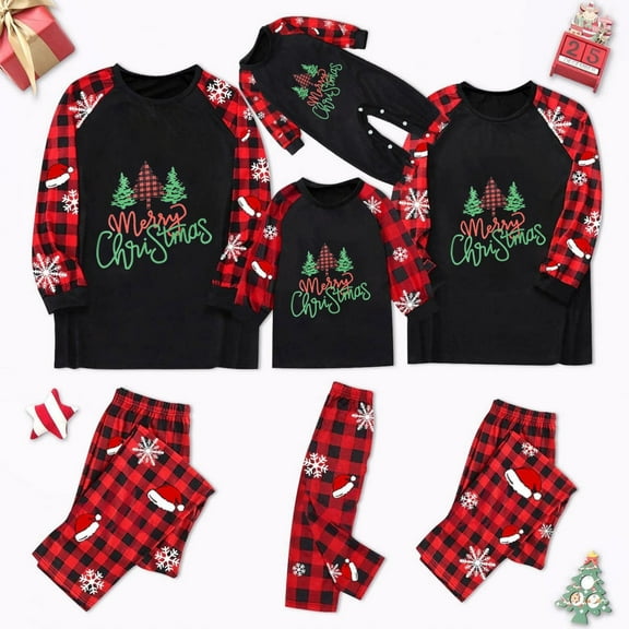 Odeerbi Matching Family Christmas Pajamas Sets Plaid Sleepwear Parent-Child Xmas Patchwork Plaid Printed Homewear Suits Round Neck 2025 Long Sleeve Two-piece Jammies Sets Loungewear for Mom