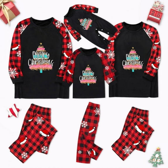Odeerbi Matching Family Christmas Pajamas Sets Plaid Sleepwear Parent-Child Xmas Patchwork Plaid Printed Homewear Suits Round Neck 2024 Long Sleeve Two-piece Jammies Sets Loungewear for Kids